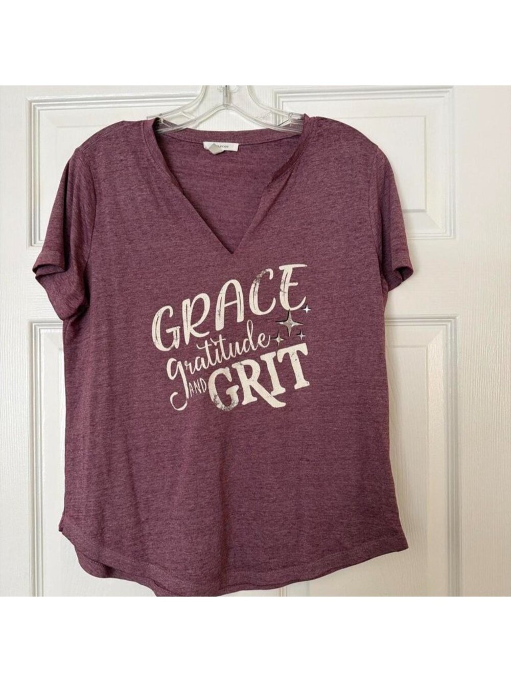 Grace, Gratitude and Grit burgundy tee with raw edge v-neck